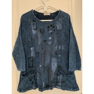 Jess & Jane Tunic Top M Blue 3/4 Sleeve Pockets Art To Wear Abstract Lagenlook
